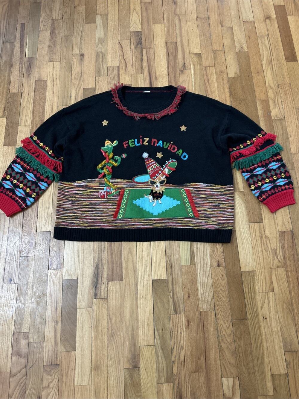 Holiday Time 3X Black Feliz Navidad Ugly Christmas Sweater Chihuahua Cactus
